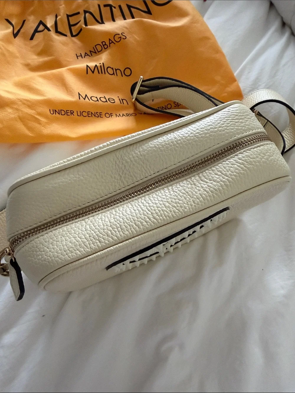Valentino Cream Pebbled Leather Crossbody with Pearl V Logo - Authentic